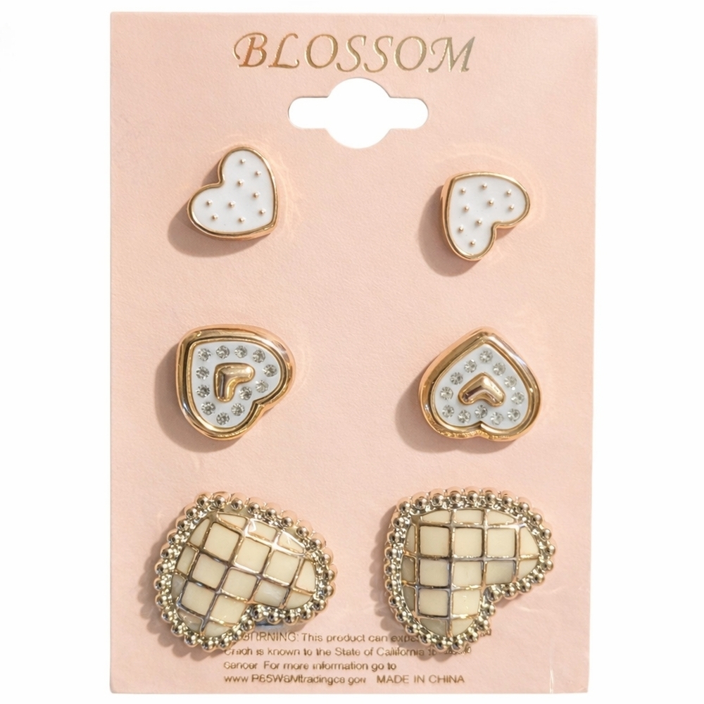 💖 Gold & White Heart Stud Earrings Set | Chic Romantic Jewelry